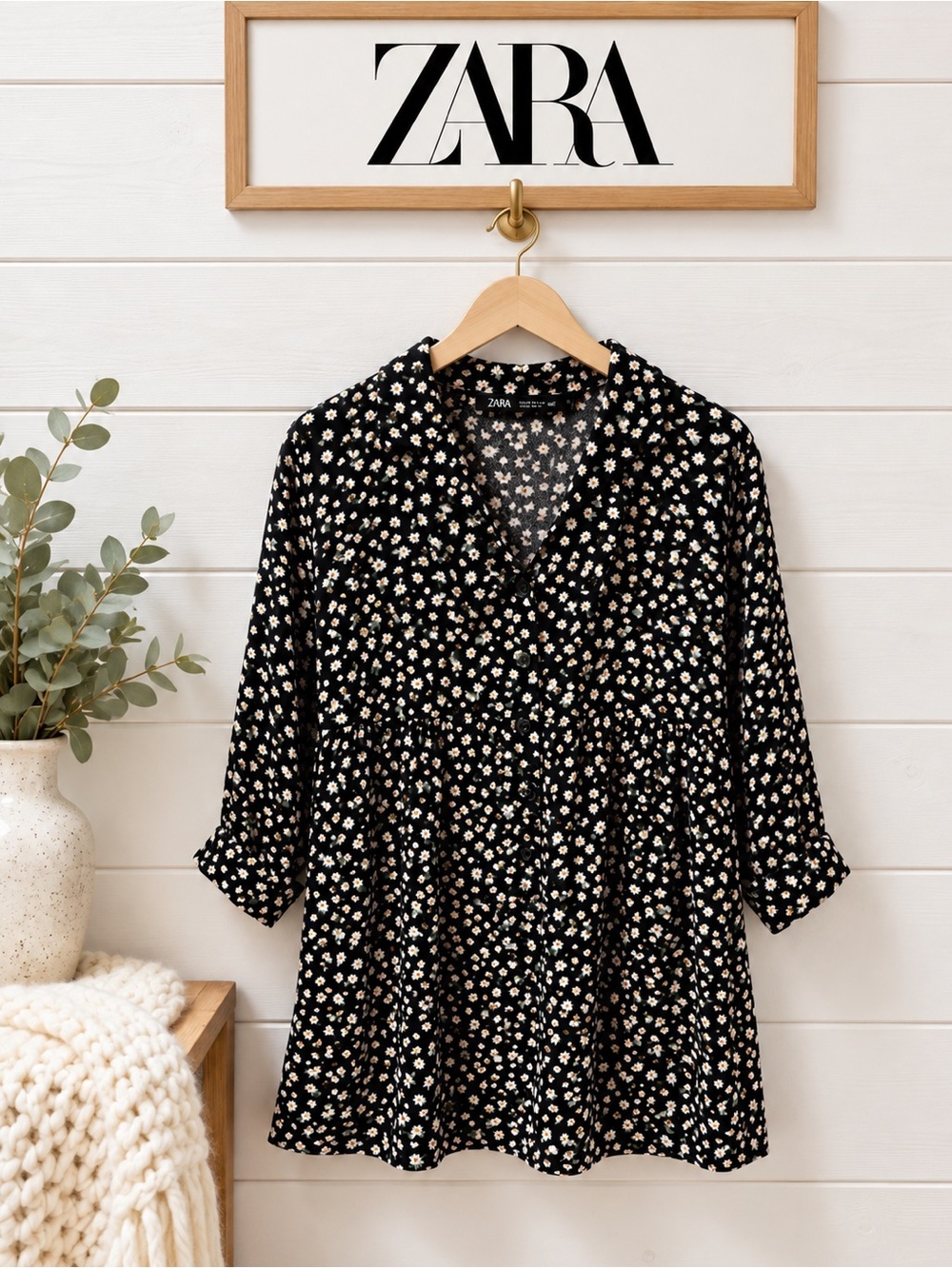 ZARA Mini Robe Babydoll Fleurie Noire Marguerites Taille XL
